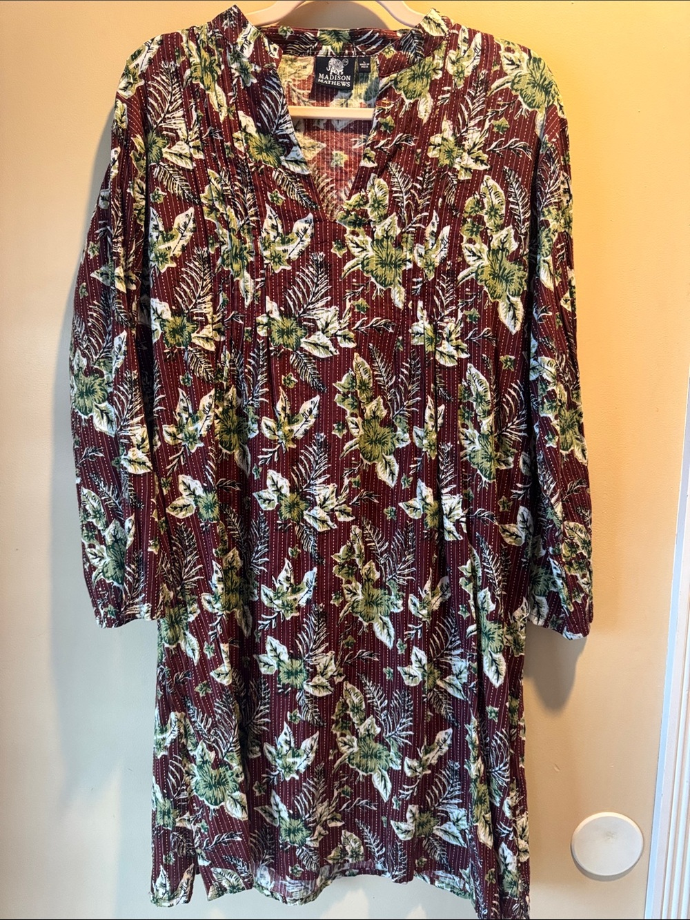 Madison Mathews Hand Block Print Kantha Stitched V-Neck Tunic Dress